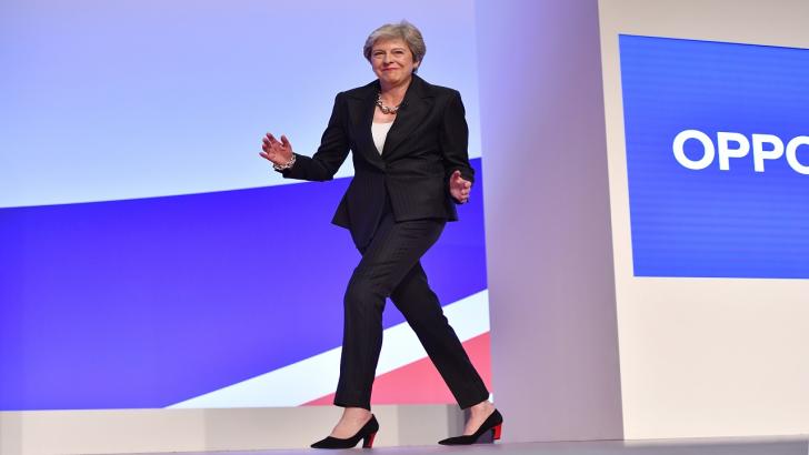 Theresa May dances on to stage at the Tory Party Conference